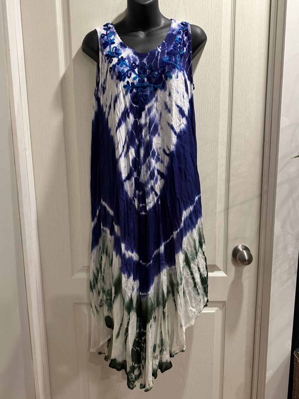Blue & White Tie-Dye Handkerchief Hem Maxi Dress with Floral Neck